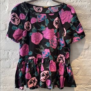 Rebecca Minkoff black floral peplum blouse sz 10